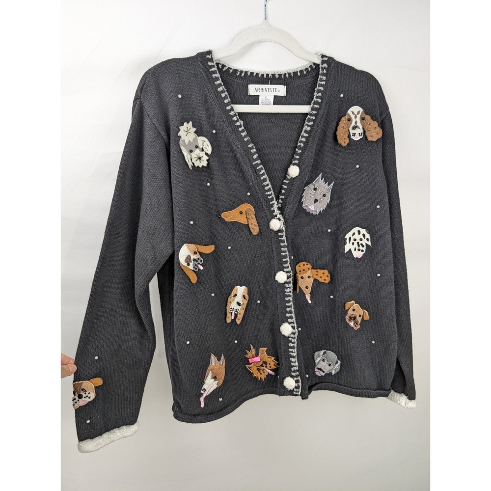 Vintage 90s Embroidered Dog Applique Button Cardigan Sz XL Black Cottage Novelty